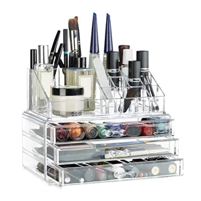 Immagine di Relaxdays Portatrucchi, 2 Organizer Combinabili, Portaoggetti per Cosmetici con Cassetti, Multiuso,Versatile,Trasparente