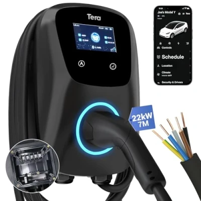 Immagine di Tera Caricatore EV Smart APP con 32 A tipo 2 22 kW stazione di ricarica casa 400 V CE &amp; TÜV Wallbox 7 m cavo supporto per caricabatterie, controllo app, hardwiring tutti i EVs e