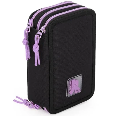 Immagine di Julian Ross Nero Viola Astuccio Triplo Riempito Peluche Bambini, 45 Accessori Scuola Elementare, 3 Zip, Scomparti Organizzati, Penna Cancellabile Blu Rossa