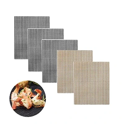 Immagine di Gurxi 5 Pezzi BBQ Grill MeshTappetino per Barbecue, Riutilizzabili Griglia Rete Tappetini Barbecue Grigliare Carne, Verdure, Cucinare, e Cuocere, 40 x 33 cm (Nero Marrone)
