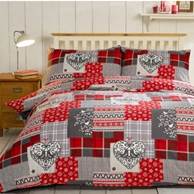Immagine di Natale Patchwork 100% flanella di cotone spazzolato Cuore Copripiumino Matrimoniale e 2 federe Set biancheria da letto, colore: rosso/multicolore, King