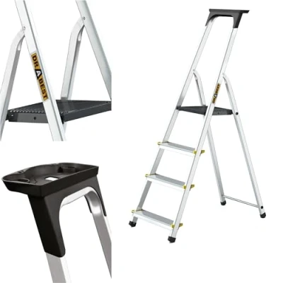 Immagine di DRABEST SCALETTE SERIE PRO Scaletta in Alluminio Domestica a 4 Gradini 150kg con Piedini Antiscivolo e Piattaforma per Scale da Lavoro Multiuso 43x145x12cm