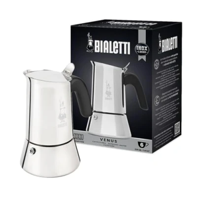 Immagine di Bialetti Caffettiera New Venus 6 Tazze, Manico Anti Scottatura, Adatta A Induzione, Tazze (235 Ml), Acciaio 18/10, Argento, ‎13 x 11 21.5 cm 540 grammi