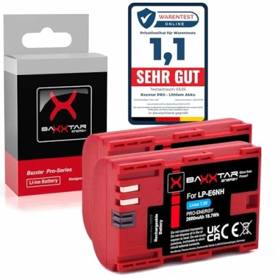 Immagine di Baxxtar Pro LP E6NH 2600mAh batteria per fotocamera 2x Compatibile con Canon R5 R5c R6 R6II R7 ecc.