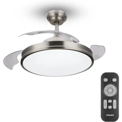 Immagine di Philips Lighting Atlas DC Lampada LED da Soffitto con Ventilatore, Dimmer a fasi, Integrato, Aria Calda o Fredda, 28+35W, Telecomando Incluso, Nichel