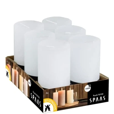 Immagine di Spaas Unscented Pillar Candles Hours White 6 Candele profumate rustiche 70, 60 Ore Bianco, Cera di paraffina, D 70 mm x H 130 mm, unità