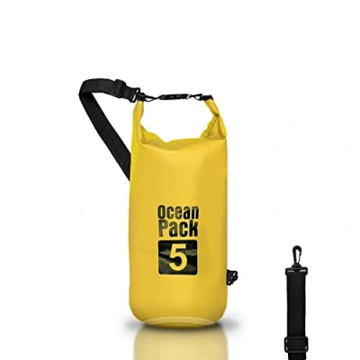Immagine di Dry Bag, Borsa Sacca Zaino impermeabile Waterproof, chiusura a rotolo e tracolla, custodia per cellulare marsupio Mare Barca Pesca Rafting Spiaggia Sport Acquatici (Yellow, 5l)