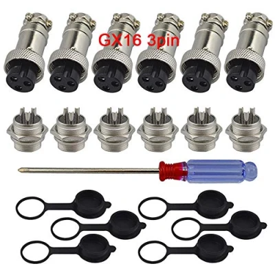 Immagine di QitinDasen 6 Set GX16 3 Pin Aviazione Spina Connettore, 5A 16mm Maschio Femmina Metallo con Gomma Berretto e Cacciavite a Croce