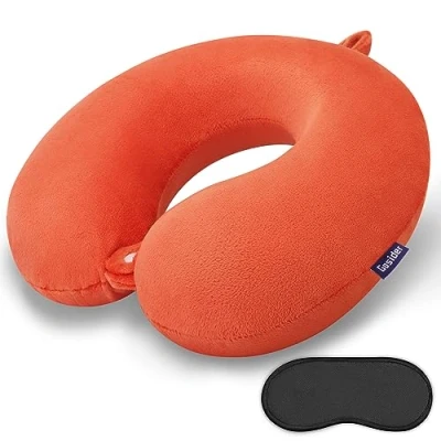 Immagine di Gosider cuscino da viaggio arancione per dormire in viaggio, comodo memory foam, collo e poggiatesta a forma di U, portatile, viaggi aereo, treno, auto