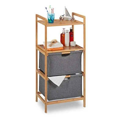 Immagine di Relaxdays Mobile Bagno con Portabiancheria, Scaffale a Colonna in bambù, 2 Ripiani &amp; Cesti Estraibile, Naturale/Grigio, Tessuto, Pannelli MDF, 96 x 44 34 cm