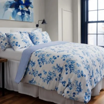 Immagine di LERUUM Set Copripiumino Matrimoniale Cotone Reversibile a Righe Floreale Blu (240x220 + 2(65x65))