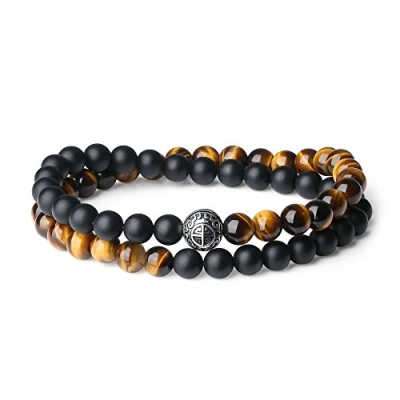 Immagine di COAI Bracciale Unisex Doppio Strato con Perle in Onice Opaca e Occhio di Tigre Marrone Amuleto Shou della Longevità Argento Vintage