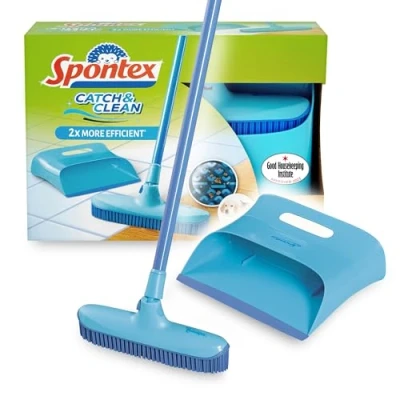 Immagine di Spontex Catch &amp; Clean Scopa con setole in silicone Per interni e paletta Set specifica rimuovere i peli degli animali domestici spazzare lavare diverse superfici