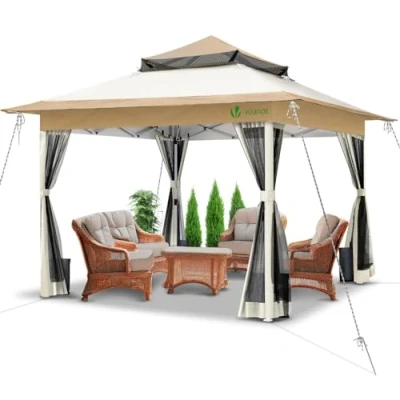 Immagine di VOUNOT Gazebo 3.6x3.6m Pieghevole con 4 Parti Laterali in Rete, da Giardino Tenda Padiglione Pop Up Doppio Tetto, Sacchi di Sabbia Peso e Sacca Trasporto, Colore Beige