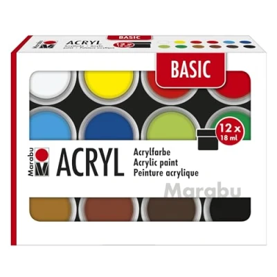 Immagine di Marabu Set acrilici Basic, 12 Colori Semi opachi da 18 ml, Facili dipingere, ad Asciugatura Rapida, Resistenti alla Luce e alle intemperie, 1210000000214, Multicolor, x ml