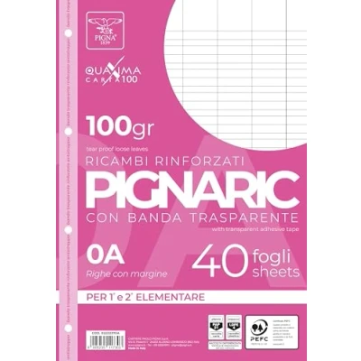 Immagine di Pigna 02222370A, Ricambio con Banda Rinforzata, Rigatura 0A, righe per 1 e 2 elementare, Carta 100g/mq, Pacco da 40 Fogli