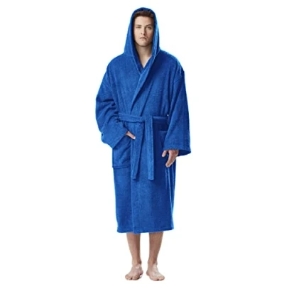 Immagine di Arus Astrom Accappatoio da uomo con cappuccio, lunghezza alla caviglia, 100% cotone spugna, Taglia uomo: L lunghe, unisex: XL Blu Reale