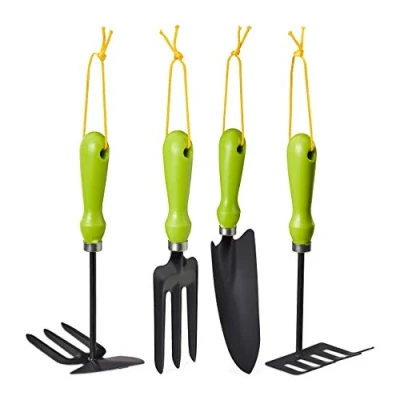 Immagine di Relaxdays Set Attrezzi Giardino, Kit da 4 pz., Tridente, Rastrello, Paletta &amp; Zappetta, Giardinaggio, Ferro, Verde