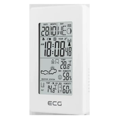 Immagine di ECG MS 100 Stazione meteo con sensore radio fino a 30 metri di distanza, termometro, igrometro, previsioni per le prossime 24 ore in 4 modalità, ora, sveglia, bianco