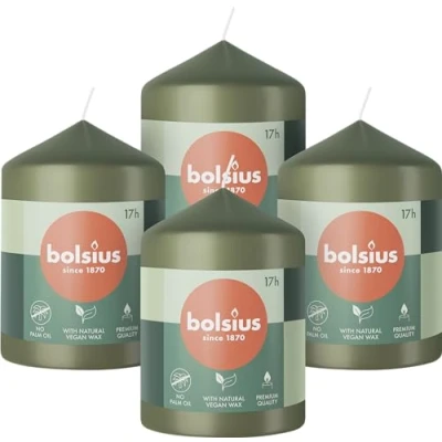 Immagine di Bolsius candele a colonna, colore verde, confezione da 4 8 x 6 cm decorative per la casa lunga durata di 17 ore non profumate cera vegana naturale senza olio palma