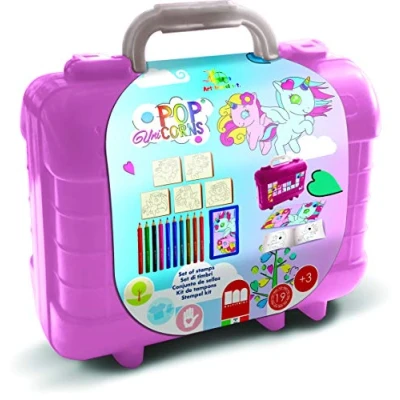 Immagine di Multiprint Valigetta Travel Set Pop Unicorns, Made in Italy, Album da Colorare, con Puzzle e Matite, Timbrini Bimbi, Legno Gomma Naturale, Inchiostro Lavabile Atossico, Idea Regalo, art.42978