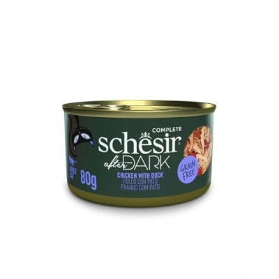 Immagine di Schesir After Dark, bistecche di pollo con anatra, cibo umido completo per gatti (12 lattine x 80g)