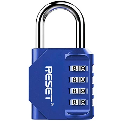 Immagine di RESET 060 Lucchetto a combinazione 4 cifre Universale per interni ed esterni Ideale scuole, palestre, armadietti, cassette attrezzi, recinzioni, cancelli e bagagli Blu