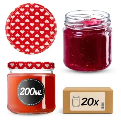 Immagine di KADAX Barattoli Ermetici di Vetro da 200 ml, Vassetti Piccoli con Coperchio a Vite per Conserve Frutta, Marmellate e Miele (Set 20, Cuori Rossi)