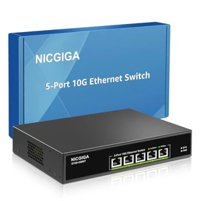 Immagine di 5 Port 10G Ethernet Switch Unmanaged,with 5X 10Gb Base T RJ45 Ports, NICGIGA 10Gbps Network Easy for NAS,PC,WiFi7 Router,10G Adapter/NIC. Desktop or 19 inch Rack Mount, Plug and Play.