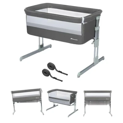 Immagine di Bebeconfort Calidoo, Culla Neonato Fianco Letto 2 in 1, 0 6 Mesi (0 9 kg), Co sleeping Reclinabile, 5 Altezze, Ampio Materasso Imbottito, Pannelli a Rete, Lato Facile da Aprire, Gray Mist