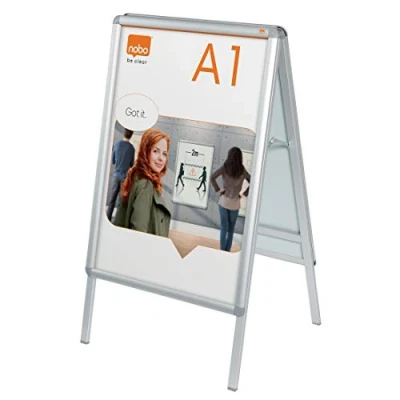 Immagine di Nobo Espositore / Pannello per Poster con Cornice a Scatto, Autoportante Cavalletto, Bifacciale, Finiture in Alluminio, Copertura Protettiva Antiriflesso, Formato A1, 650 x 1135 70 mm Argento
