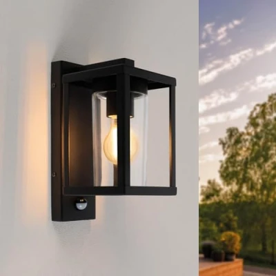Immagine di Ledvion Lampada da Parete LED con Sensore, Attacco E27, IP44, Nero &amp; Quadrata, Esterno, Illuminazione Esterna