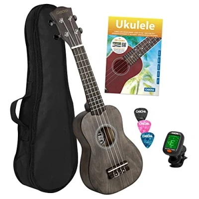 Immagine di CASCHA Set ukulele soprano, per bambini e adulti, con 3 plettri, custodia libri di apprendimento tramite codice QR, accordatore Aquila, corde in nylon, piccola chitarra hawaiana, nero