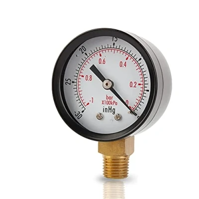 Immagine di Manometro del Vuoto, Quadrante da 2&quot;, Montaggio Inferiore 1/4&quot; NPT, Doppia Scala 30 inHg a 0, 1 0 bar, Lega di Rame, Precisione 4/3/4%, per Compressore d&#039;aria Acqua Olio Gas