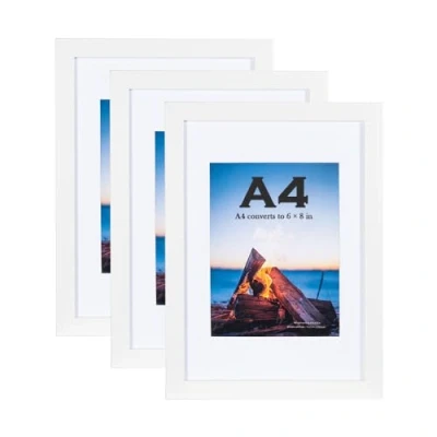 Immagine di cornice in legno bianco A4 con passepartout bianco, set da 3, A4, per poster, certificati autoportante e montaggio a parete