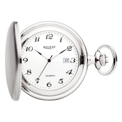 Immagine di REGENT Orologio da tasca uomo Savonnette Coperchio pieghevole 47 MM Quarzo Bianco Numeri arabi Data, P 734 Argento / liscio opaco, Classico