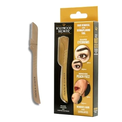 Immagine di Hollywood Browzer Rasoio per sopracciglia Rimuove i peli indesiderati Dermaplaning Esfoliazione Borsetta protettiva inclusa Realizzato in acciaio inossidabile tedesco, Oro reale