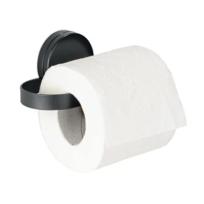 Immagine di WENKO portarotolo carta igienica Pavia colore Nero Static Loc Plus, WC, fissaggio senza trapano, tenuta sicura mediante aderenza statica su superfici lisce ed impermeabili, acciaio opaco