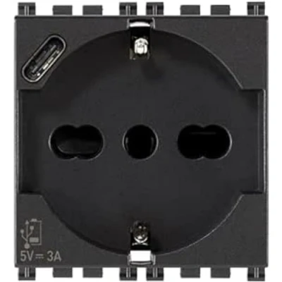 Immagine di Vimar 19210 Arké Presa 2 moduli SICURY 2P+T 16 A 250 V Universale Standard Italiano P40 e Uscita USB Tipo C 5V 3 per la Ricarica Rapida, Grigio