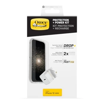 Immagine di OtterBox Bundle per Apple iPhone 12 mini, Cover protettiva Sottile Symmetry Clear, Pellicola in Vetro temperato Alpha Glass e Caricatore murale UK USB C 20W PD, Bianca