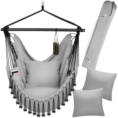 Immagine di tectake® Poltrona Sospesa Malika, Stile Bohemien, Tessuto Misto Cotone Poliestere Traspirante, Cuscini Extra Spessi, Scomparto per Libri, Appoggio Bibite Regolabile, Carico Massimo 150kg Grigio
