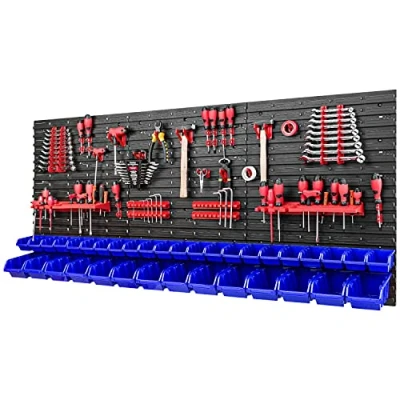 Immagine di PAFEN Cassetta impilabile per attrezzi, 1728 x 780 mm, set di portautensili e 36 pezzi, scaffale da parete officina, scaffalatura a vista, colore rosso