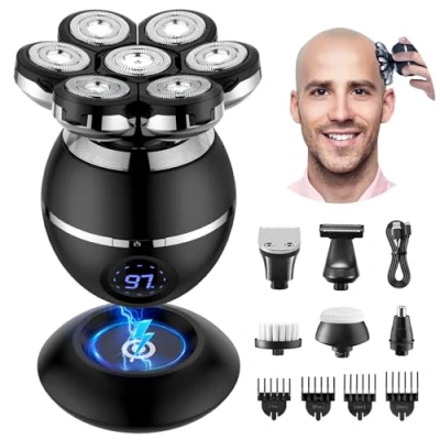 Immagine di ETENTOUS Rasoio Testa Calva Uomo 7D Elettrico Barba 6 in 1 Capelli Impermeabile IPX7 Corpo con Display LED/9 Kit di Bellezza.