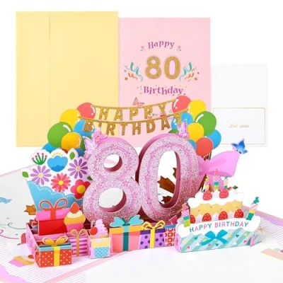 Immagine di joyoldelf biglietto di auguri compleanno 80 anni, pop up 3D, compleanno, con busta per donne, mamme, ragazze, uomini, amici, romanticismo