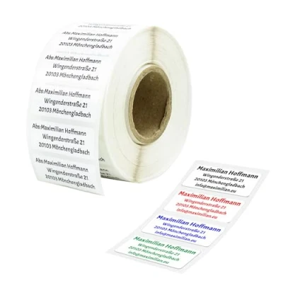 Immagine di GoodMarkt etichette per indirizzi personalizzate autoadesive 48x18 mm, 50 etichette/rotolo, plastica bianca adesive con nome e etichetta resistenti all&#039;acqua allo strappo