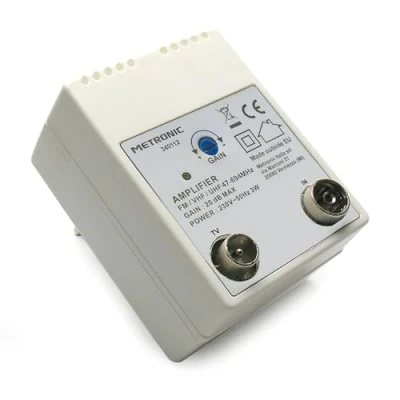 Immagine di Metronic 340112 Amplificatore TV Fm/Vhf/Uhf da Rete per Digitale Terrestre con Filtro 5G, 20Db Regolabili, 1 Ingresso/1 Uscita, Bianco