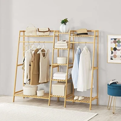 Immagine di [en.casa] Stand Appendiabiti (AxLxP) 139 x 158 40 cm Organizzatore Guardaroba Scaffale Porta Abiti con 2 Barre e 9 Ripiani Struttura Capiente in Bambù