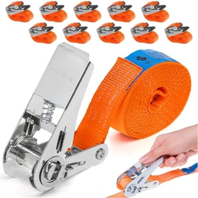 Immagine di INTAKO Cinghie di Fissaggio 4m x 800kg 25mm Set 10 Pezzi Cinghia A Cricchetto Ideale per Moto, Portapacchi Auto Piccole Ancoraggio Tensione Norma DIN EN 12195 2