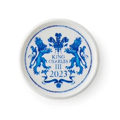 Immagine di Spode King Charles III Coronation Sottobicchiere rotondo singolo da 10 cm, motivo blu e bianco, realizzato nel Regno Unito