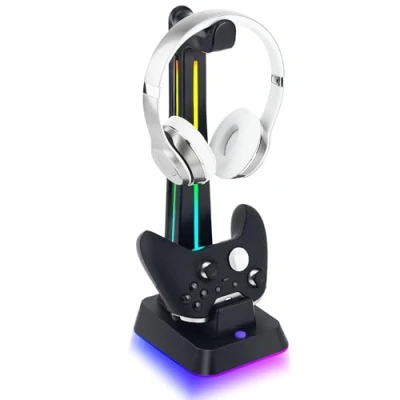 Immagine di Wigearss Stazione di Ricarica, Caricatore per Xbox Series X/S, Elite 1/2, One, One X/S Controller DualSense con Supporto Cuffie, Illuminazione RGB